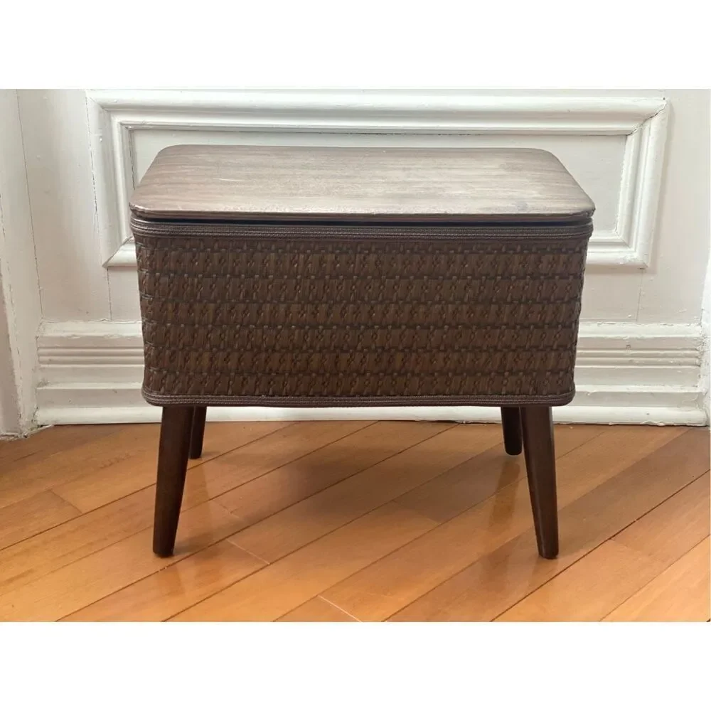 Vintage Burlington Sewing Ottoman Retro 1970s Mid Century Modern Brown Basket We